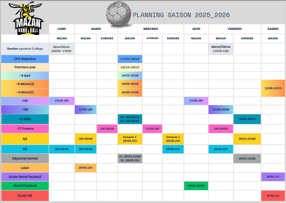 Planning Entrainements 25-26